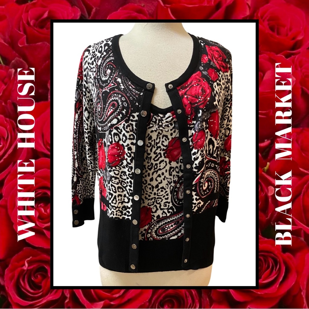 WHITE HOUSE / BLACK MARKET Black White Animal Print Red Roses Sweater Set M NWT